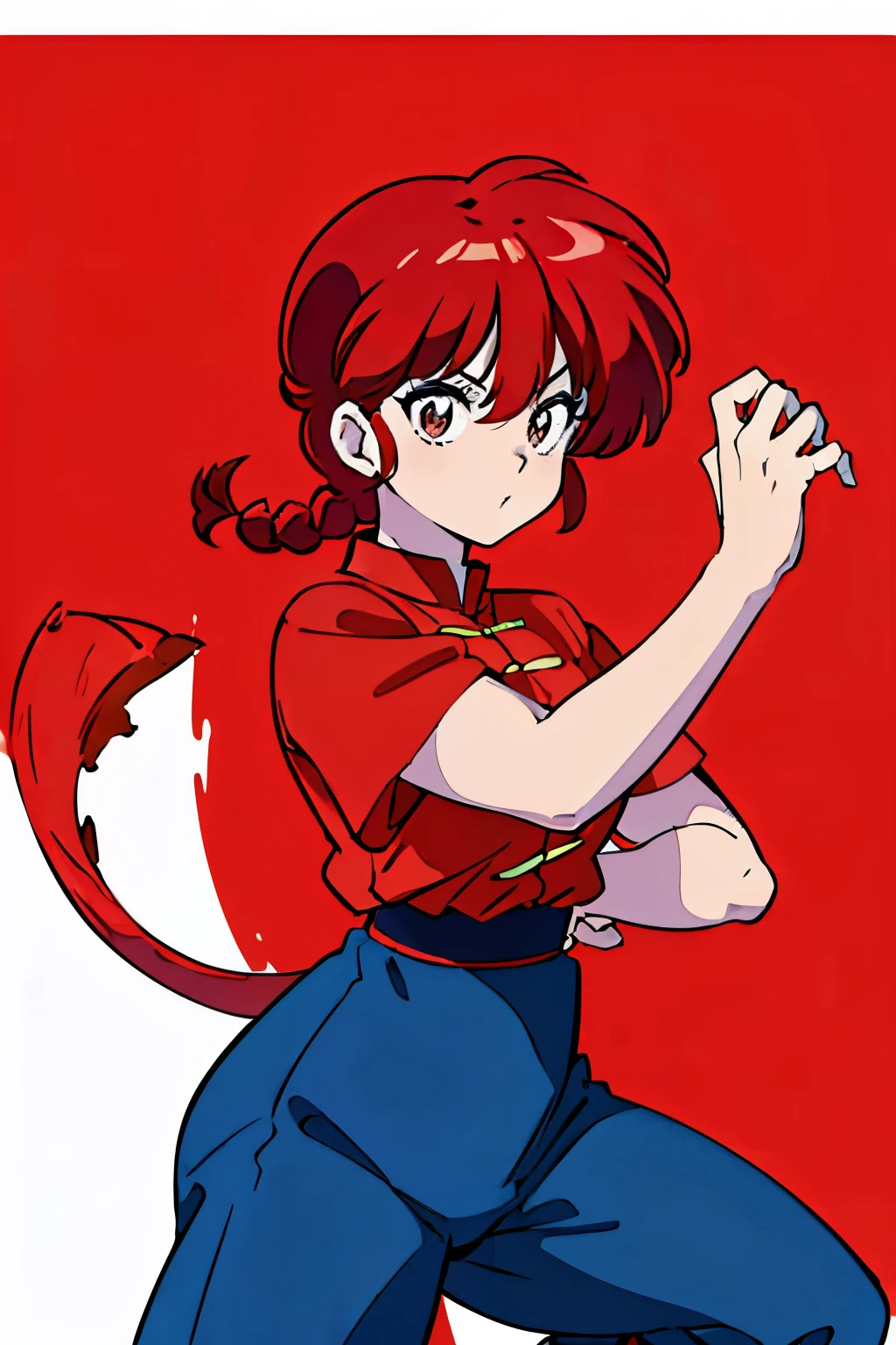 (8k, Foto RAW, La mejor calidad, Obra maestra:1.2), Ranma Chan, Ranma Red Shirt, red hair, braided belt, blue pants, martial art, (((red-dragon background)))