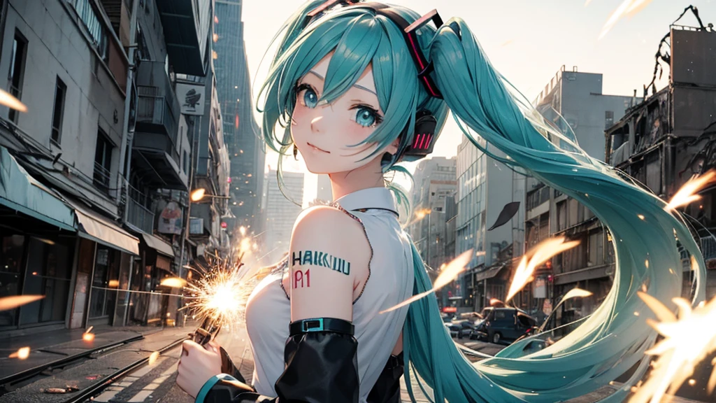 Hatsune Miku face upscale、With falling sparks on the background of a ruined city、Heavy metal style cover image。