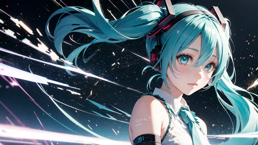 Hatsune Miku face upscale、With falling sparks on the background of a ruined city、Heavy metal style cover image。