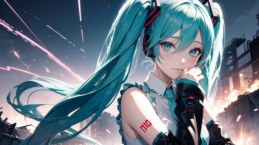 Hatsune Miku face upscale、With falling sparks on the background of a ruined city、Heavy metal style cover image。