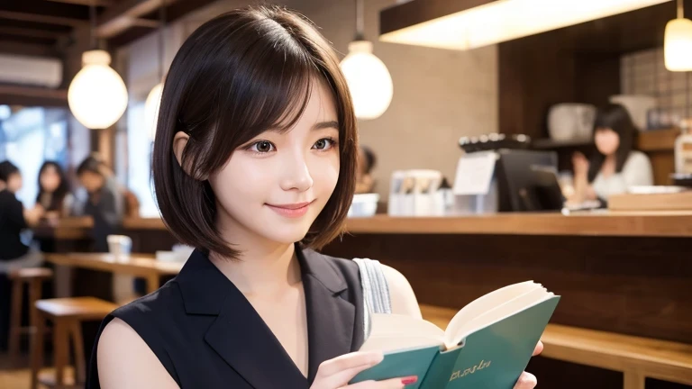 Produce the highest quality and highest resolution 8K images。Please draw the upper body of a 20 year old Japanese woman.。Please draw an image of someone reading a book in a stylish coffee shop.。She has brown eyes and a model-like figure、She has an idol-level cute face.。Her hair is bob。The skin is、A healthy skin tone。she、I'm smiling at the camera。