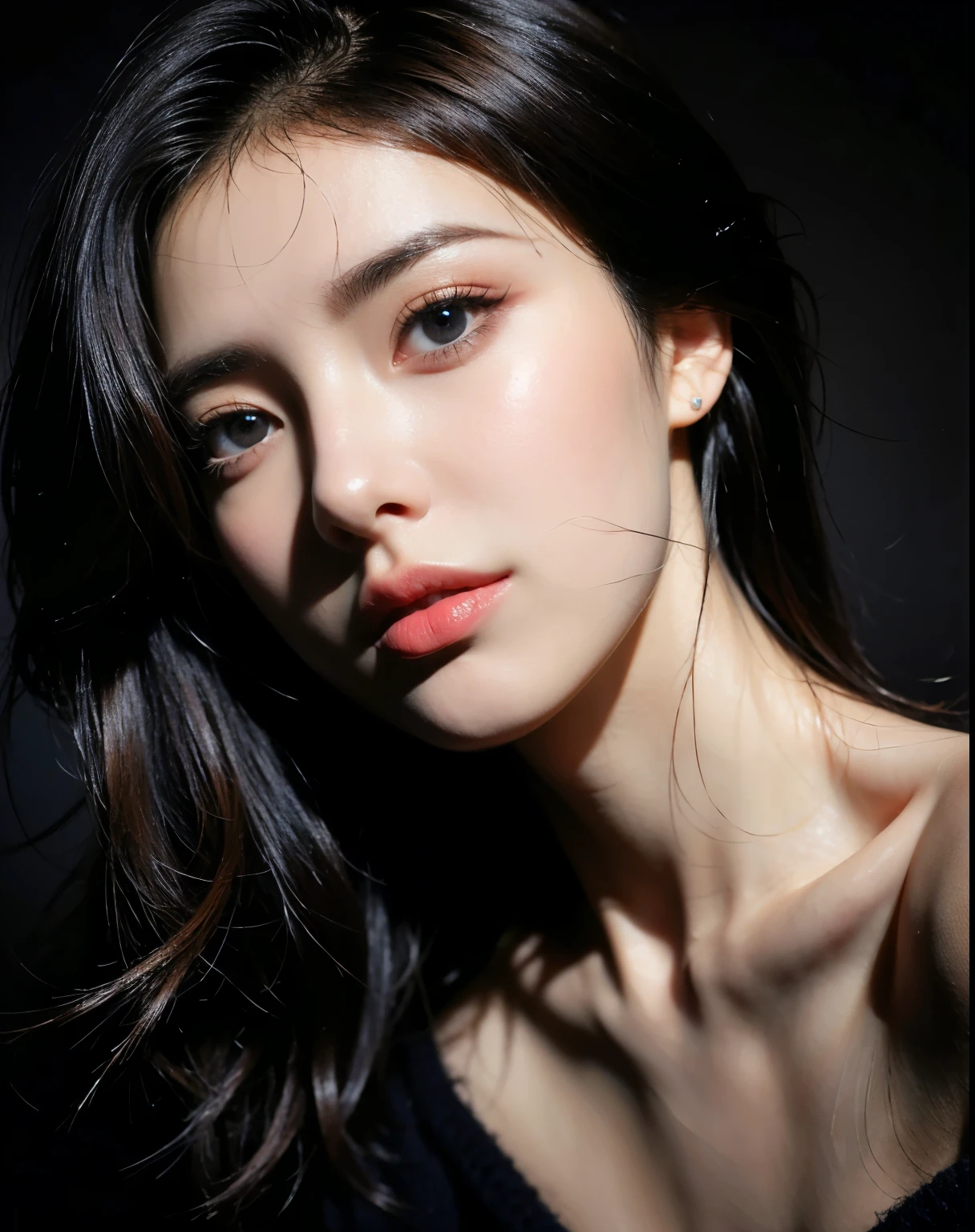 8K, highest quality:1.2, masterpiece:1.3, High resolution RAW photo, photorealistic:1.3, portrait:1.1, super resolution, realistic, real photos, amazing details, An ultra-realistic photograph, cute beautiful one woman with perfect body:1.4, slim big:1.2, amazing details, cute beautiful woman with perfect body:1.4, shiny skin, glossy lips, High-definition face and skin texture, fine eyes, double eyelid, very detailed, dark brown hair color, medium hair, Big Tits, ample breasts:1.4, high resolution ches dynamic studio lighting, Browsing Caution, ((Dark Background)), Sexy Face, The expression when receiving pleasure, Straight bangs, Big Breasts, Exposed cleavage, blue eyes,Black sweater, ((Cowboy Shot, ,))