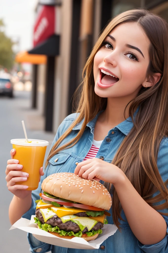 create a young woman looking forward, opening her mouth, holding a large burger in her hands and bringing it towards her mouth to eat, realistic and perfect image.