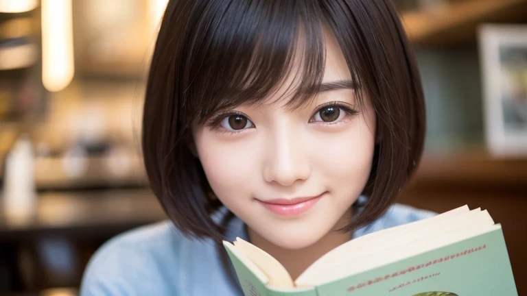 Produce the highest quality and highest resolution 8K images。Please draw the upper body of a 20 year old Japanese woman.。Please draw an image of someone reading a book in a stylish coffee shop.。She has brown eyes and a model-like figure、She has an idol-level cute face.。Her hair is bob。The skin is、A healthy skin tone。she、I'm smiling at the camera。
