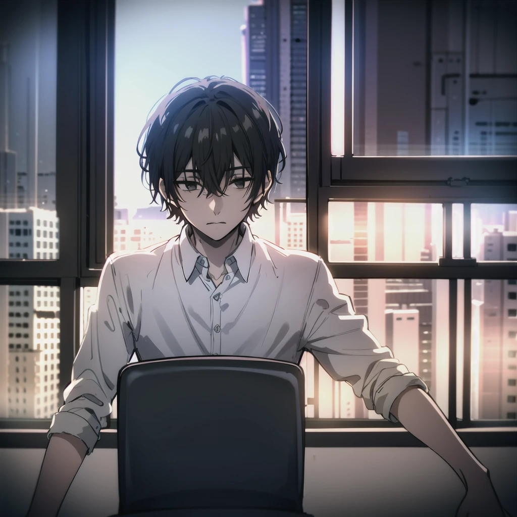 ((best quality)), ((masterpiece)), (detailed), 1boy, , bored look, blank look, disinterested look, resting on desk, school chair, empty classroom, black hair, black eyes, sketch, alone, short hair. half body, face, gloomy, dark eyes, illustration, solo, sitting, gazing on outside windows.