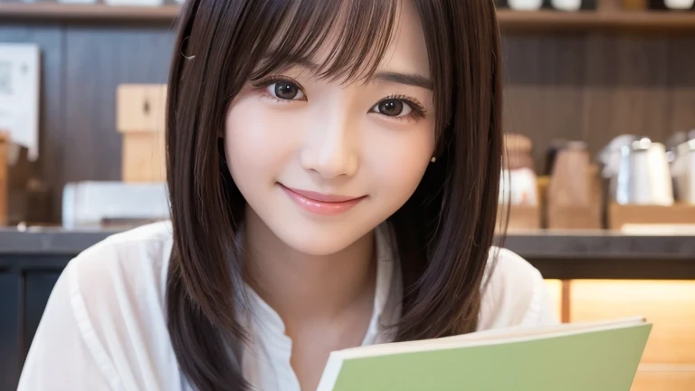 Produce the highest quality and highest resolution 8K images。Please draw the upper body of a 20 year old Japanese woman.。Please draw an image of someone reading a book in a stylish coffee shop.。She has brown eyes and a model-like figure、She has an idol-level cute face.。Her hair is bob。The skin is、A healthy skin tone。she、I'm smiling at the camera。