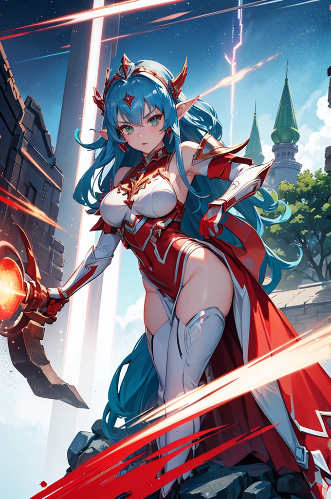 full body image, stand, Giant Princess Zelda, (Red with silver dress:1.5), as ultraman, 1 Very big breasts, Very tight outfit, Heavy makeup on her face, Light blue gem on the breastplate, Helmet on the head, Red lipstick on her lips, (she has green eyes:1.5, blue hair:1.5), Looking at the audience from the front, She is in a futuristic city where many monsters are attacking various buildings., Tokusatsu, ultraman, anime style, movie light, 16K, UHD, Masterpiece, best quality, Highly detailed