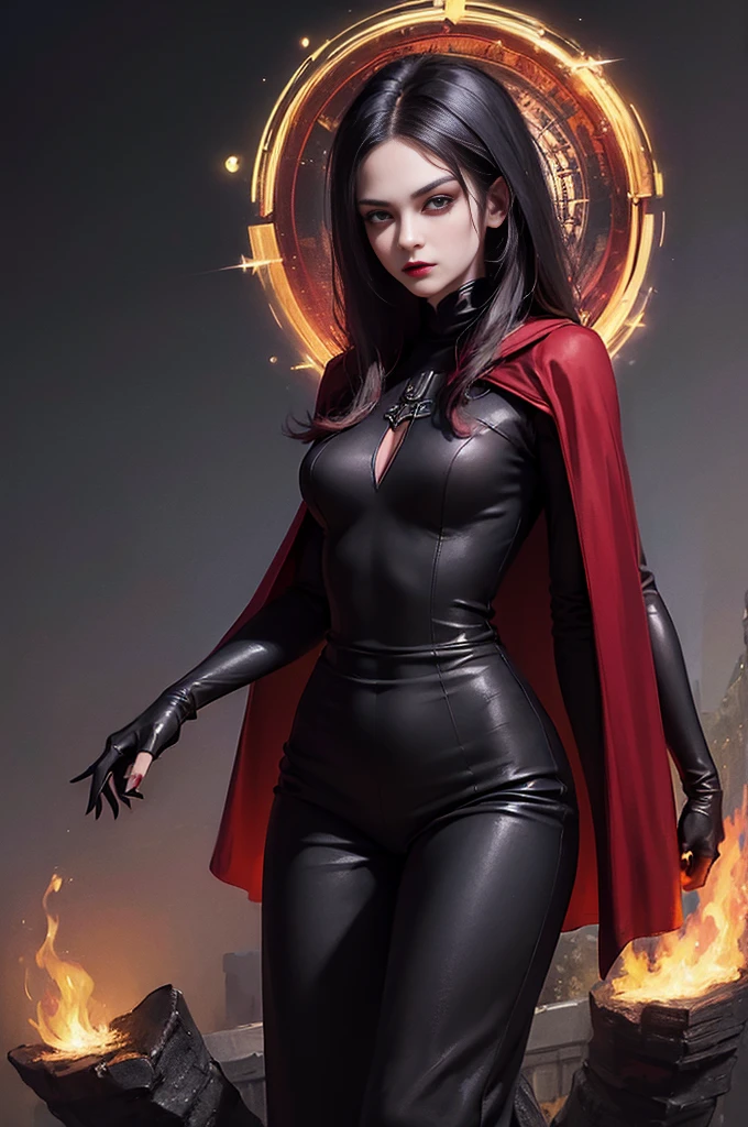 (skindentation:1.5), Realistic, Photorealistic, (masterpiece:1.5), concept art, intricate details, highly detailed, photorealistic, octane render, 8k, unreal engine, dynamic pose, best quality, highres, (realistic face:1.1), (hyperrealistic:1.1), (((full_body))), perfect eyes,(shiny skin:1.2), (((hairstyle))), (((perfect handtremely detailed background), ((dynamic background)), ((1girl)), (((wearing black jumpsuit, dark red long wizard cape))), ((detailed eyes, high quality eyes, high quality face)), (extremely intricate cape), long black hair, dramatic, depth of field, bokeh, 4k, (((underworld))), ((standing pose)), (((black magic witch))), (((fierce eyes)))