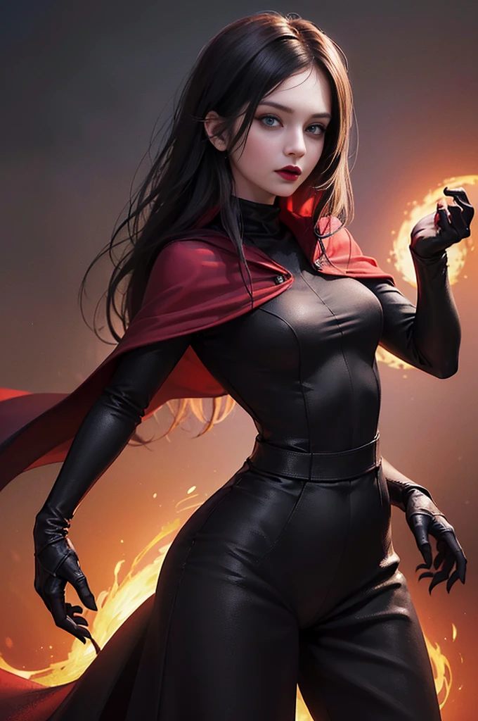 (photorealistic:1.3),(hyperrealistic:1.3), masterpiece, highly detailed, best quality, (beautiful and clear background:1.2), detailed background, beautiful (female:1.4) vamptech cyborg robot wearing (black red robe:1.4) (black red cape:1.2), Seraphim wings, vampiric gothic horror, fcPortrait, illustration, cinematic lighting,