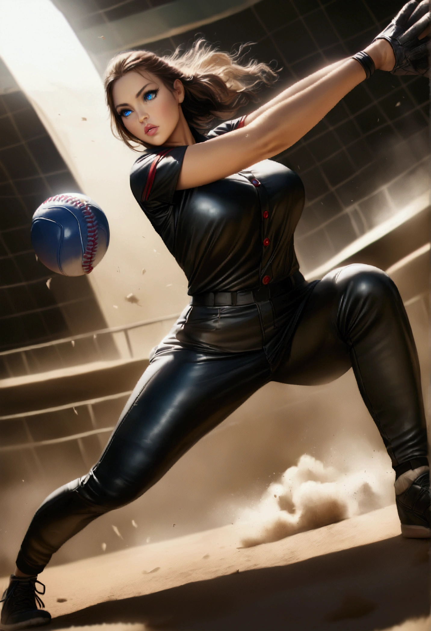 busty baseball player in baseball uniforms, big breasts, ultra-realistic, photorealistic, highly detailed, 8k, best quality, masterpiece, realistic skin texture, extreme detail, muscular female athlete, dynamic pose, action, baseball uniform, baseball diamond background, dramatic lighting, vibrant colors, cinematic composition