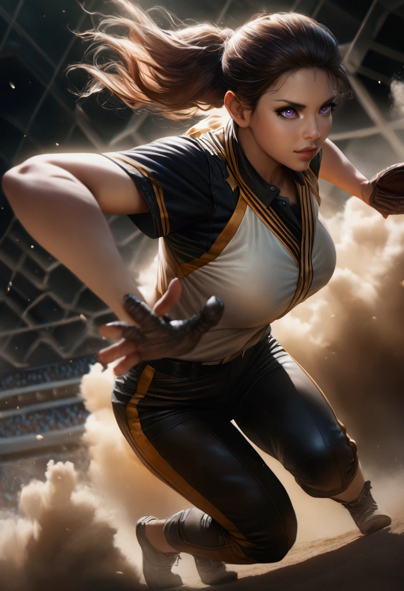 busty baseball player in baseball uniforms, big breasts, ultra-realistic, photorealistic, highly detailed, 8k, best quality, masterpiece, realistic skin texture, extreme detail, muscular female athlete, dynamic pose, action, baseball uniform, baseball diamond background, dramatic lighting, vibrant colors, cinematic composition