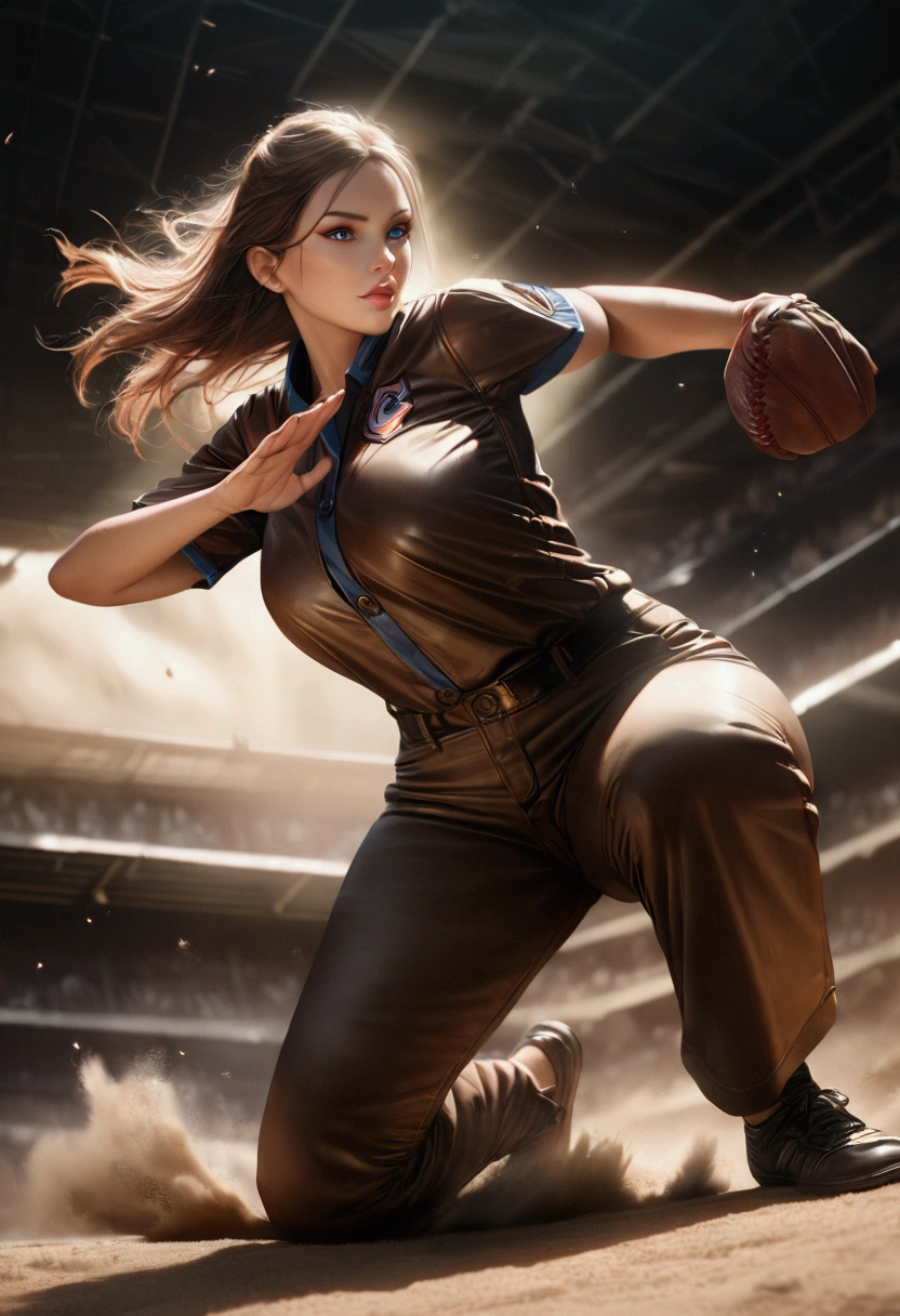 busty baseball player in baseball uniforms, big breasts, ultra-realistic, photorealistic, highly detailed, 8k, best quality, masterpiece, realistic skin texture, extreme detail, muscular female athlete, dynamic pose, action, baseball uniform, baseball diamond background, dramatic lighting, vibrant colors, cinematic composition