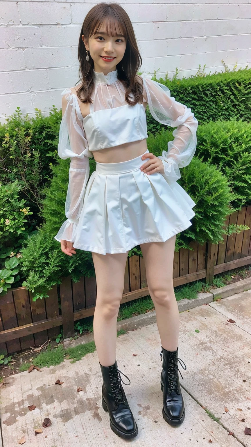 (8K、RAW Photos、Highest quality、masterpiece:1.2)、(Highest quality、Realistic)、1 Girl、((Tube top、mini skirt、Idol Costume、ribbon、Medium Hair、See-through、smile、silver、lame、Thin legs、whole body、boots、garden、View from the front、Looking into the camera、Stand with hands on hips))、cute