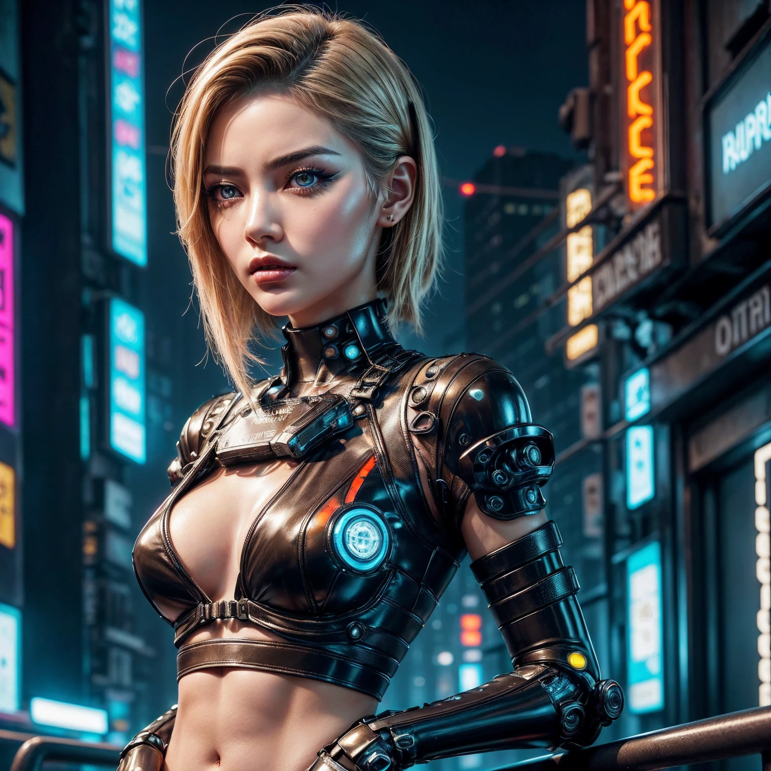 (photorealistic Realism 16K Quality, ultra-fine digital art), (Hyper-realistic proportional body, anatomically correct:1.3), (((beautiful cyberpunk woman))), ((upper body to navel shot:1.25)), Portrait, ((Short, bright Blonde, messy hair)), Black Eyeshadow, ((futuristic cyberpunk nylon, leather, latex, street style:1.3)),((futuristic biomechanical cyberpunk implants:1.2)), (Urban Background:1.35), Heavy makeup, Digital Art, Trending on Art Station, highly detailed, The finer details, Complex, beautiful detailed glow, (detailed beautiful, slim and sharp-face), (light pale complexion). BREAK, (best detailed brown_eyes:1.3), ((Hyper-realistic sharp real human eyes)), (tired and sleepy and satisfied:0.0), ((close up of a woman's eyes:1.18)), perfect round eyes, (finely detailed pupils:1.3), (neon lighting), High resolution, Sharp focus, Smooth, This work is in the style of (science fiction futurism) with a ((cold palette)) that adds depth and richness to the scene, creating a sense of ((anger:1.2)) and ((Cold)). (The landscape) is harmoniously balanced, inviting the viewer to immerse themselves in the atmosphere of the cyberpunk city, feel the breeze and listen to the gentle ((falling rain)).