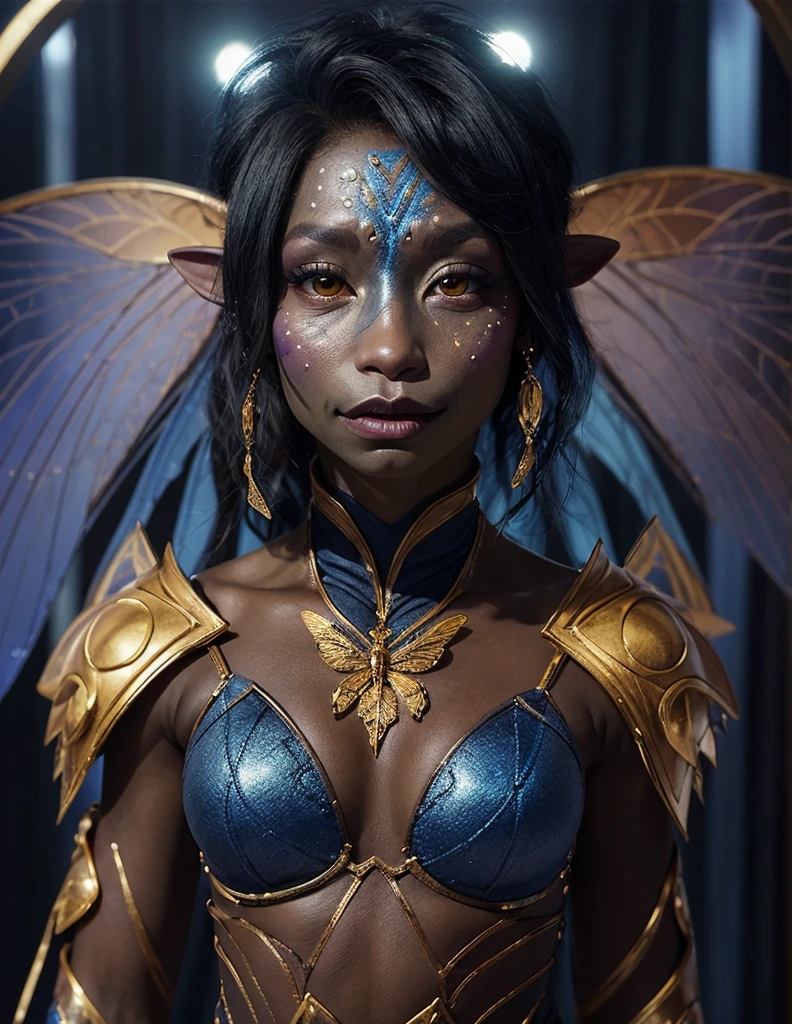 dousan, gelfling, female, blue and gold skin, black afro, heterochromia eyes, insect wings, wearing chest wrap, body and facepaint, half body, in an iridescent crystal desert, looking at viewer, dynamic pose