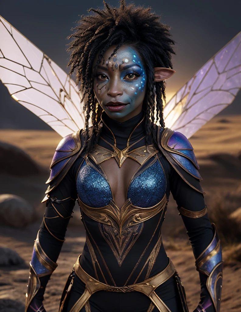 dousan, gelfling, female, blue and gold skin, black afro, heterochromia eyes, insect wings, wearing chest wrap, body and facepaint, half body, in an iridescent crystal desert, looking at viewer, dynamic pose