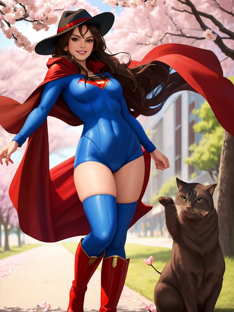 masterpiece, best quality:1.2), 1girl, smile, looking at viewer, short brown hair, green eyes, black fedora hat, dressed as superwoman, full bodysuit, blue catsuit, red cloak cape, red boots, standing under cherry blossoms