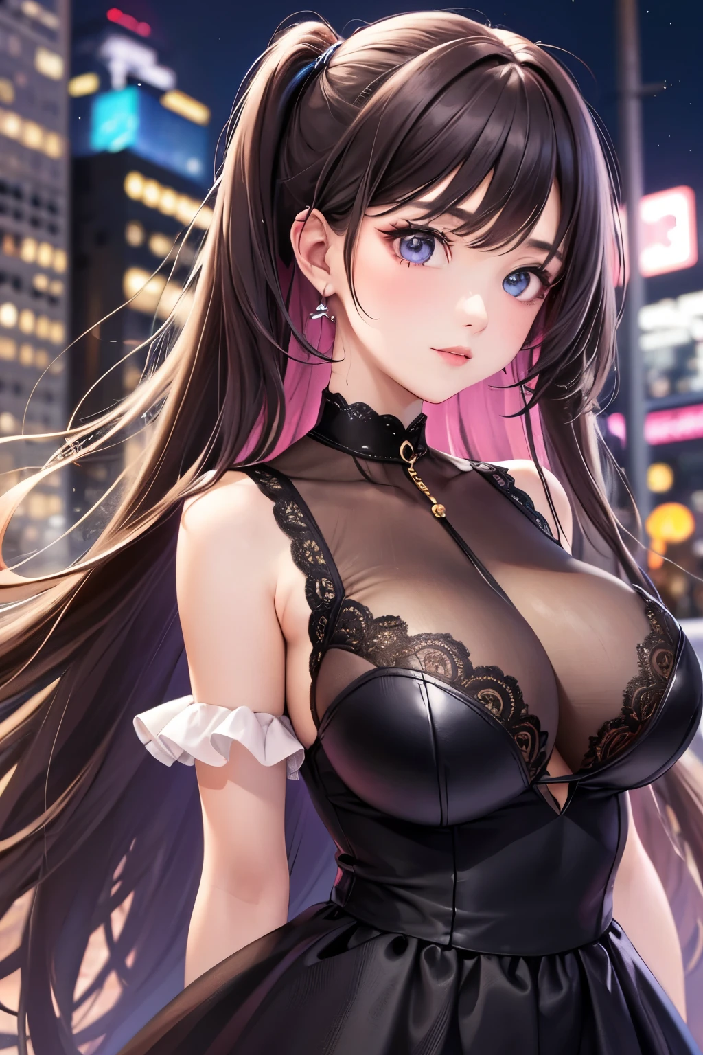 masterpiece, best quality, very detailed, high resolution, expensive resolution, high resolution, 4K, 8k, Unity 8k wallpaper, highly detailed CG, masterpiece, 2D, 3D, beautiful details, depth, fine texture, best quality: 1.3, perfectly focused, crispy skin, he,
Very cute anime girl, two girls who are employees of a night bar, sexy dress, big breasts, expensive pink medium long hair and brown short hair, two girls, night bar, mole under eye, looking at the viewer, expensive, blush, mole, lips parted,, heart, pink eyes, choker