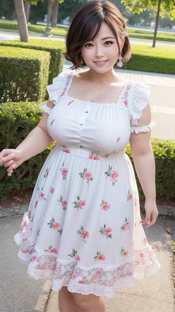 A beautiful and hot almost chubby mature woman.who is wearing a patterned short dress and is and standing in the park. A smiling face、sexy woman、A radiant smile、adorable、race、Frills、Colorful design、Full-length mirror、An inviting gaze、Gorgeous long and beautiful hairstyle、Farbe々Hairstyle、Open neck blouse、Alluring