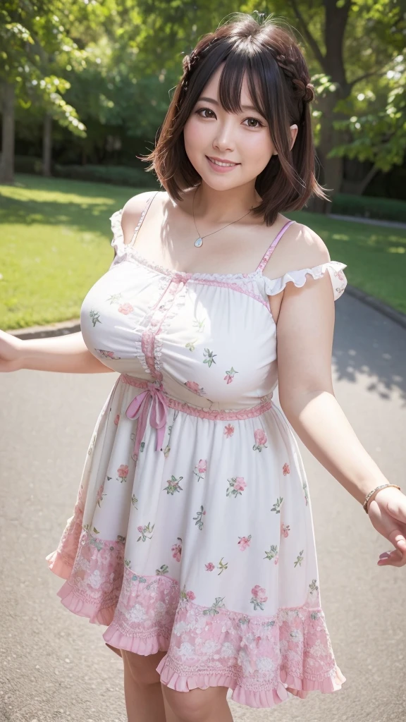 A beautiful and hot almost chubby mature woman.who is wearing a patterned short dress and is and standing in the park. A smiling face、sexy woman、A radiant smile、adorable、race、Frills、Colorful design、Full-length mirror、An inviting gaze、Gorgeous long and beautiful hairstyle、Farbe々Hairstyle、Open neck blouse、Alluring