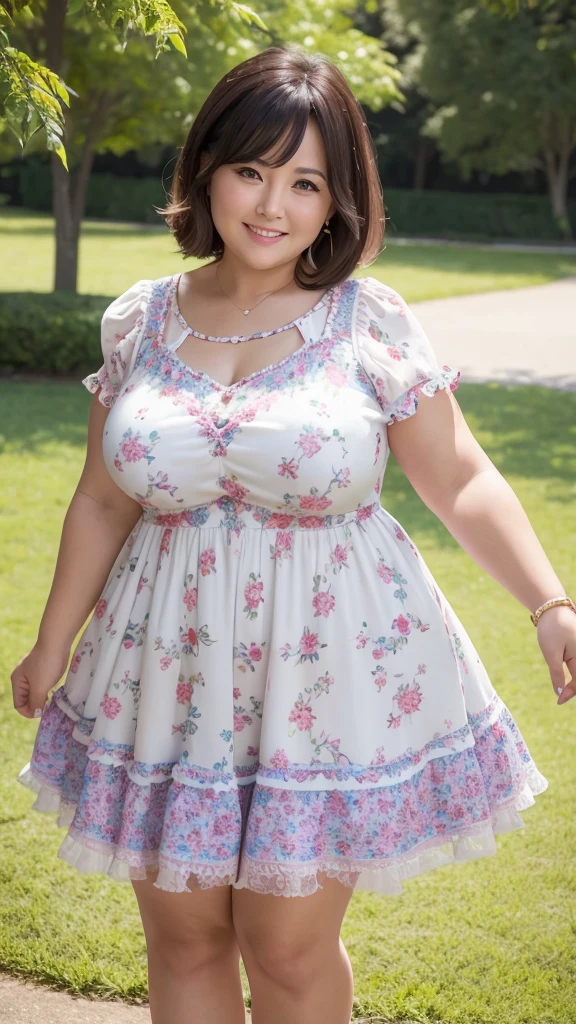 A beautiful and hot almost chubby mature woman.who is wearing a patterned short dress and is and standing in the park. A smiling face、sexy woman、A radiant smile、adorable、race、Frills、Colorful design、Full-length mirror、An inviting gaze、Gorgeous long and beautiful hairstyle、Farbe々Hairstyle、Open neck blouse、Alluring