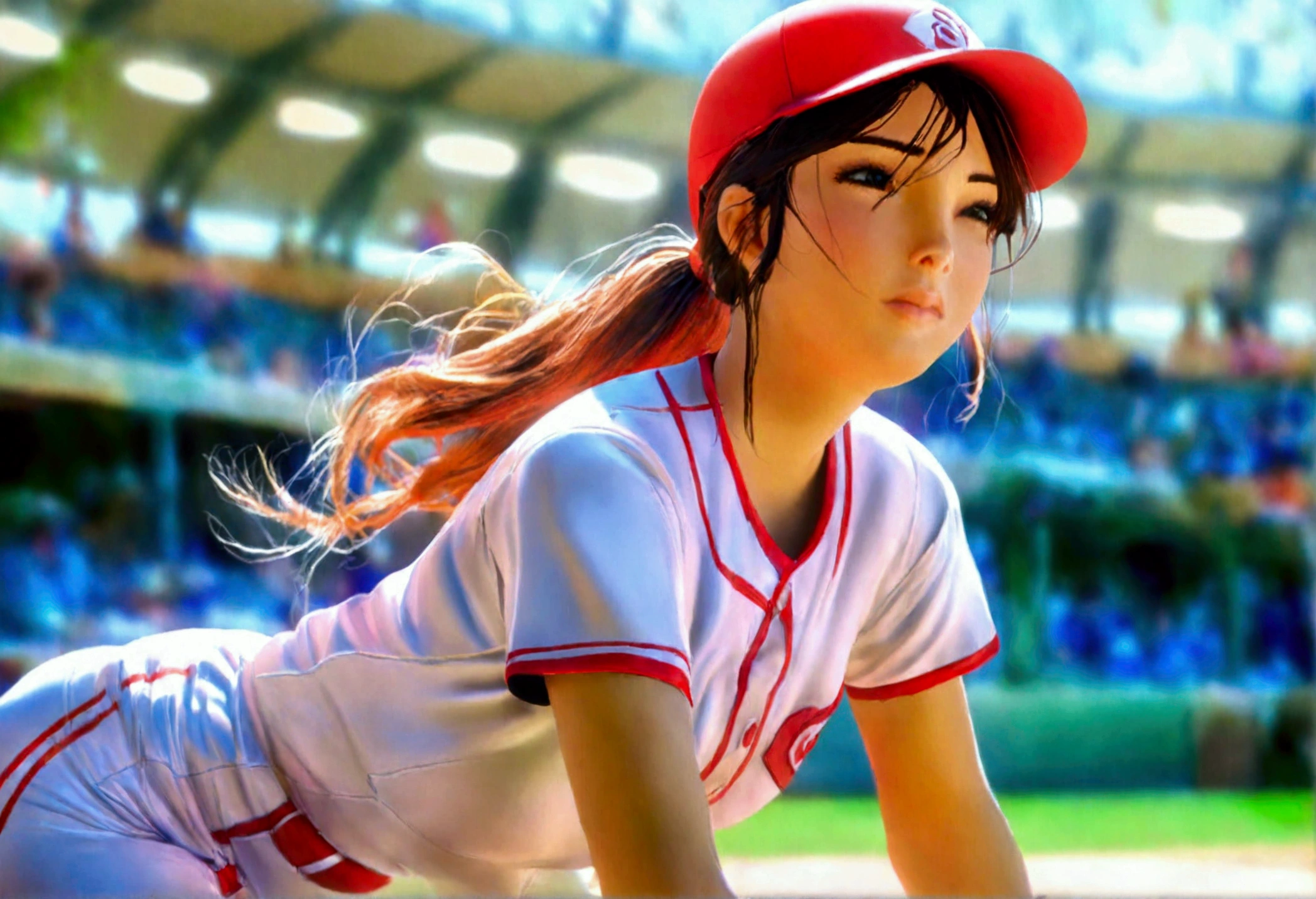 a cute woman in a sexy baseball uniform with her hair in a ponytail, sliding into 3rd base, entire body visible, camera angle low to the ground, highly detailed, photorealistic, 8k, best quality, masterpiece, ultra-detailed, sharp focus, physically-based rendering, extreme detail description, vivid colors, professional