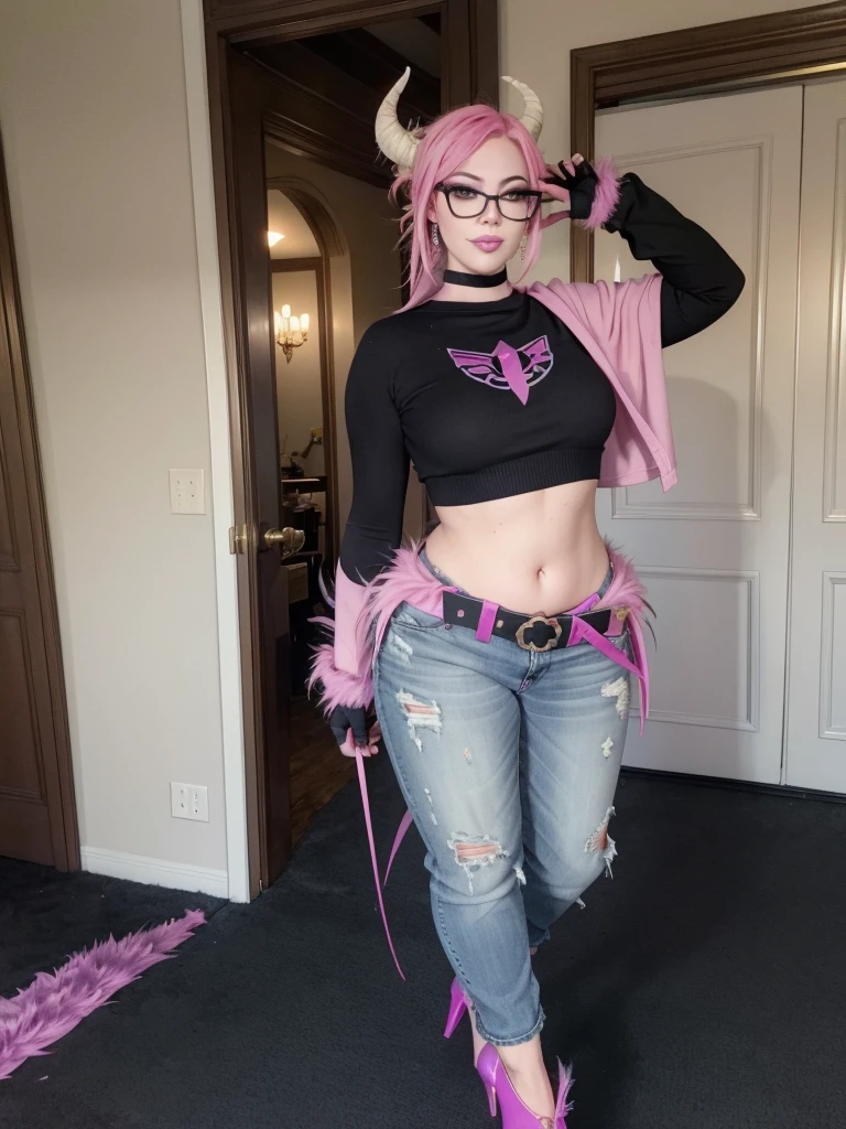 morrigan_Aensland, beautiful face, pink eyes, Loving eyes, Devil, together, strict face, evil smile,realisticlying,(Masterpiece, Best Quality:1.2), 1 girl, Alone, city background, Hoar \(fortnite\), Harpy Haze de fortnite, 1 girl, earrings, glasses, has, jewelry, lips, wide, looking at the viewer, make up, esmalte de nails, pink eyes, pink hair, nails rosas, SMILE, sunglasses, tinted glasses, belt, black pants, crop top, shadow, diaphragm, belly button, pants, choker, nails, round glasses, sharp nails, standing, black feathers, black hats, hoop earrings, sombreros con horns, horns, denim, winged arms, adorno de feathers, Star \(Symbol\), elbow gloves, dark pink lips, feathers, heels, shoes, angel Alas, bracelet, black Alas, crop top overhang, feathered Alas, harpy, low Alas, multicolor fur, multicolored Alas, pink Alas, Alas, Gloves without fingers, shirt, long nails, boater has, bootcut pants, leather pants, sleeves, black sleeves, (masterpiece,highest quality,In 8K,Super detailed,High resolution,Realistic,absolutely:1.2),(A female officer of Team Rocket is walking.:1.5),(Always alone:1.5), (Wearing Team Rocket's uniform,A large red R is painted on the chest.:1.5),(cute type of woman:1.4),(Detailed facial depiction, How the bad guys laugh:1.4), (french twist hair, pale red hair:1.5),(Patent gloves hands:1.2),(wallpaper:1.5),(cowboy shot:1.5),(overlook:1.5), (20 year old Japanese woman,clothing that fits,Make your skirt very short, Black patent leather gloves, Black patent leather long boots:1.3), (secret society hideout), (camel toe:1.3), (flat chest, big butt, thick thighs:1.3), (A is being looked at from below.:1.4)