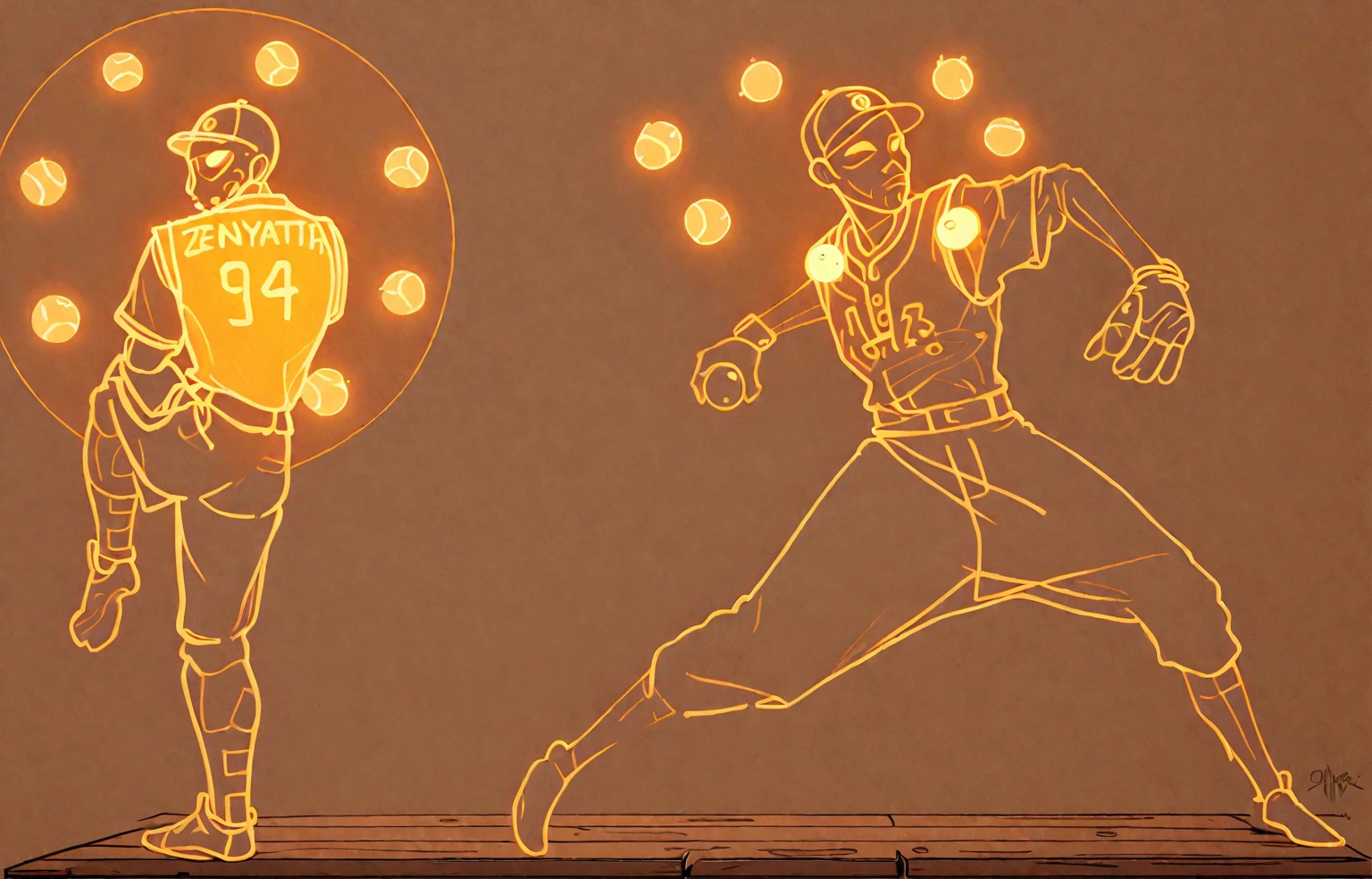 zenyatta, omnic monk, baseball pitcher, line drawing, minimal, sketch, wood palette color tones, warm wooden coloring, rich wooden color grading, natural sunlight, dim candlelight, low level neon glow hum, 