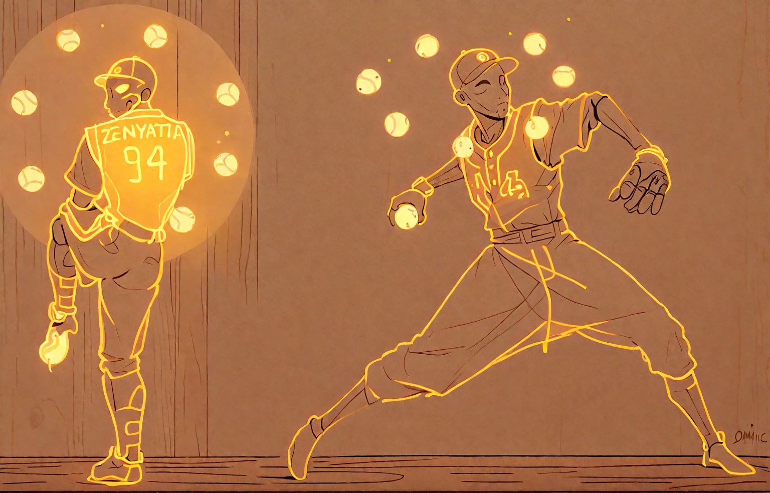 zenyatta, omnic monk, baseball pitcher, line drawing, minimal, sketch, wood palette color tones, warm wooden coloring, rich wooden color grading, natural sunlight, dim candlelight, low level neon glow hum, 