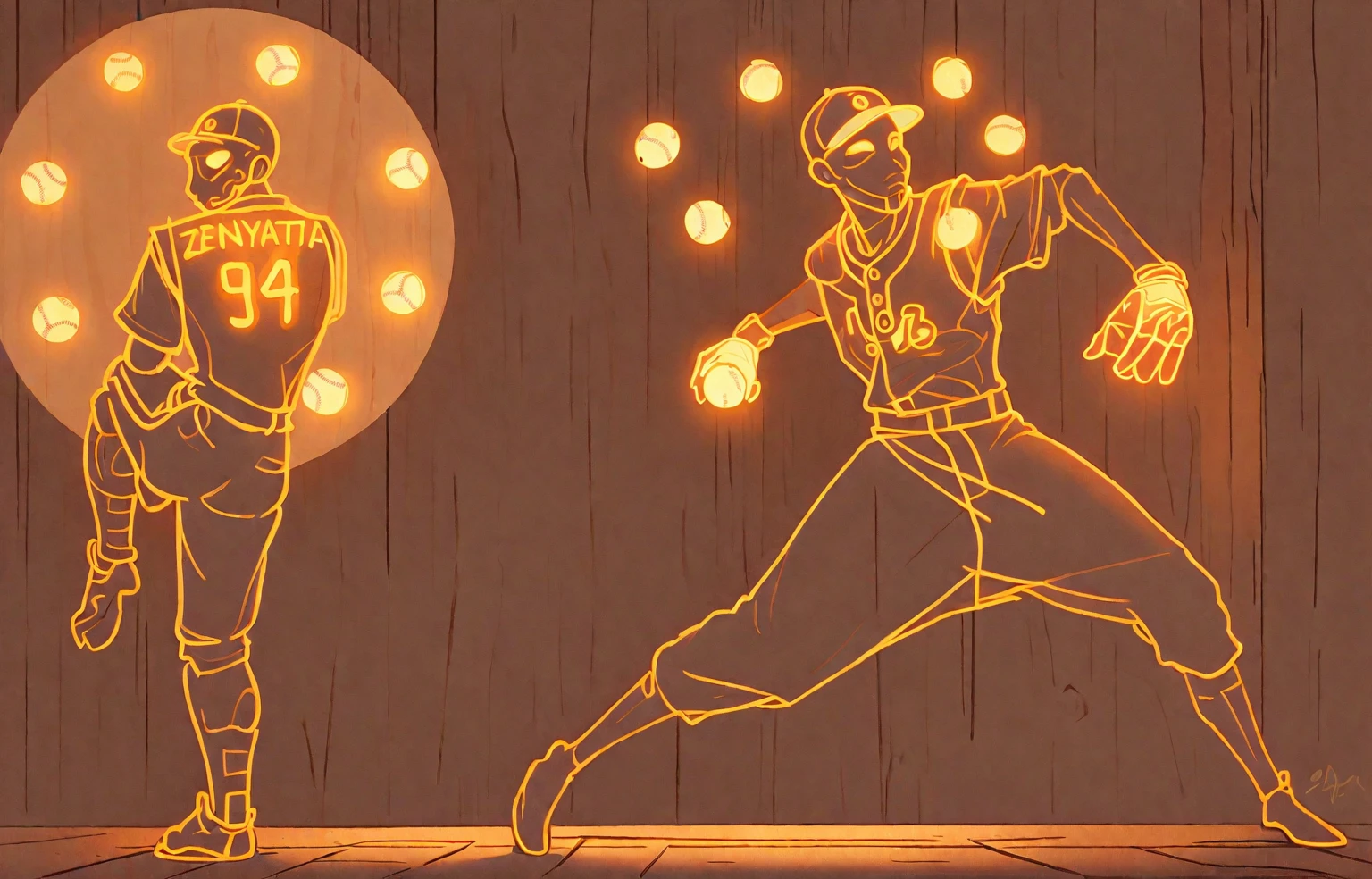 zenyatta, omnic monk, baseball pitcher, line drawing, minimal, sketch, wood palette color tones, warm wooden coloring, rich wooden color grading, natural sunlight, dim candlelight, low level neon glow hum, 