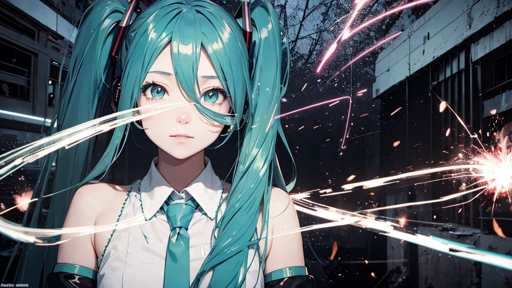 Hatsune Miku face upscale、With falling sparks on the background of a ruined city、Heavy metal style cover image。