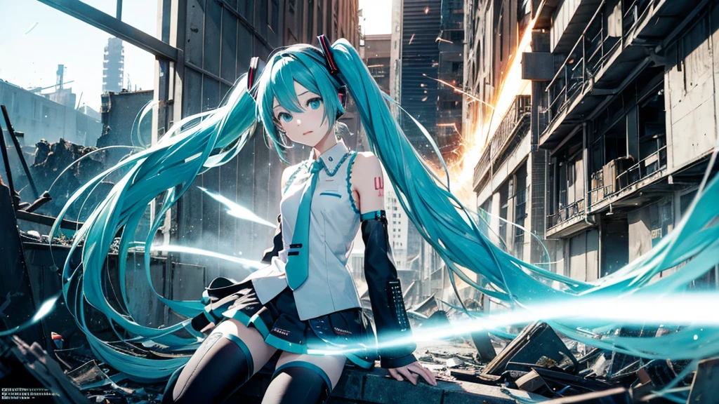 Hatsune Miku face upscale、With falling sparks on the background of a ruined city、Heavy metal style cover image。