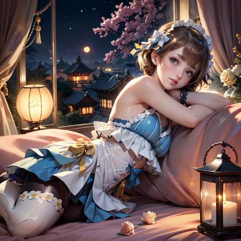 1girl, white roses, ornament hair, roses on her hair, maid, maid dress, maid headdress, maid apron, light brown hair, short hair, laying down on the bed, bedroom scene, Chinese maid dress, gold lantern, blue dress, more details on her clothes, golden details, night, smiling, coat, chinese style, solo, alone, crystal, curtains, full moon on the sky, laces, frills, sparkles, fireflies, laying down on the bed, chinese architecture on the background, white roses on the floor, bedroom scenery, solo, 1 girl