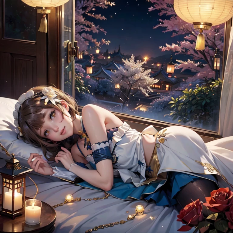 1girl, white roses, ornament hair, roses on her hair, maid, maid dress, maid headdress, maid apron, light brown hair, short hair, laying down on the bed, bedroom scene, Chinese maid dress, gold lantern, blue dress, more details on her clothes, golden details, night, smiling, coat, chinese style, solo, alone, crystal, curtains, full moon on the sky, laces, frills, sparkles, fireflies, laying down on the bed, chinese architecture on the background, white roses on the floor, bedroom scenery, solo, 1 girl