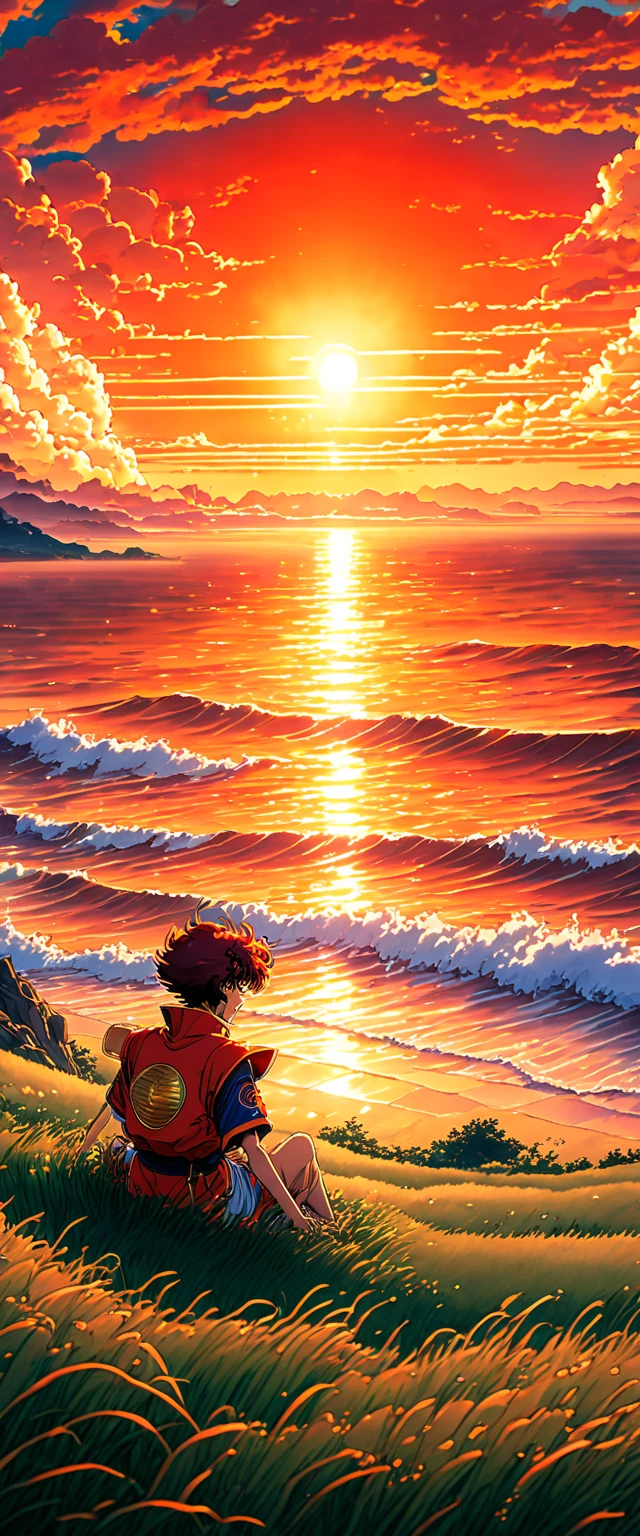 High quality, 8K Ultra HD. The image shows a  sitting watching the anime The Frightening Ocean at Sunrise from a grassy hill, with a background of vibrant blue sky and the red and orange tones of the sun. sun rays, 4k anime art wallpaper, Shen Che-Tsai digital art, pexels, fantastic realism, among sunlit heavenly clouds, heavenly clouds, amazing sky, sunset in the clouds, golden clouds, dazzling sky, clouds dazzling, magnificent clouds, bright clouds, Clouds in sunset, sky on earth, golden celestial lights, 4K anime art wallpaper, anime background, 8K anime art wallpaper, art wallpaper anime, anime landscape wallpaper, amazing wallpaper, high quality wallpaper definition, 4k anime wallpaper, 4k anime wallpaper, Aries Moross art, Bob Byerley art, AshleyWoodArtAI, greg rutkowski