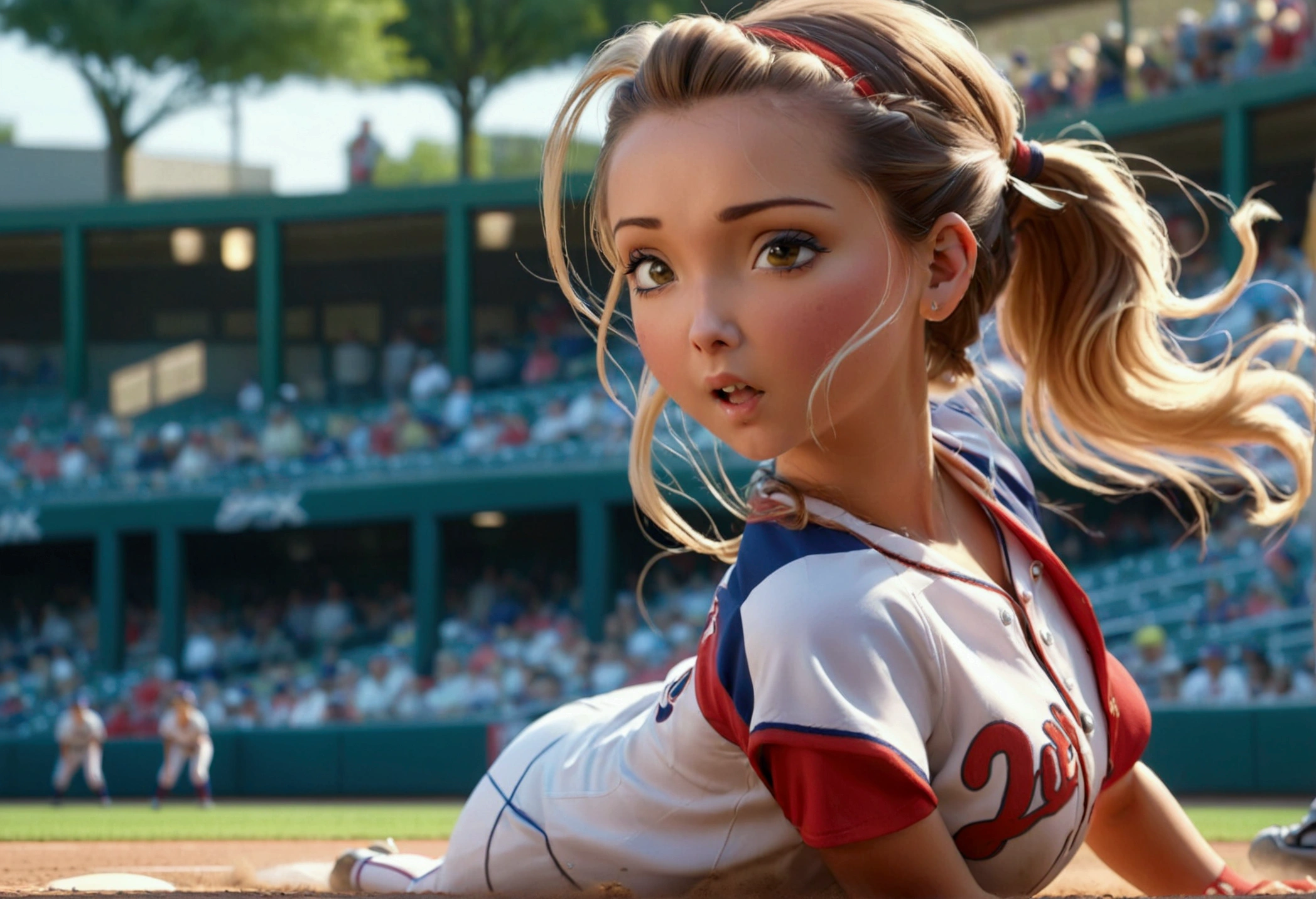 a cute woman in a sexy baseball uniform with her hair in a ponytail, sliding into 3rd base, entire body visible, camera angle low to the ground, highly detailed, photorealistic, 8k, best quality, masterpiece, ultra-detailed, sharp focus, physically-based rendering, extreme detail description, vivid colors, professional