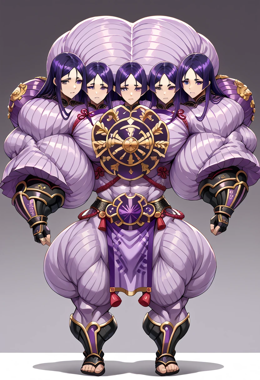 (masterpiece, best quality), best resolution, (3heads:1.5), 1girl, Raikou femboy, parted bangs, purple eyes, purple hair, long hair, hime cut, forehead, arm guards, armor, black gloves, bodysuit, fingerless gloves, gloves, japanese armor, kote, loincloth, purple bodysuit, ribbed sleeves, tabard, toned, gigantic muscular body, 4 arms, full body.