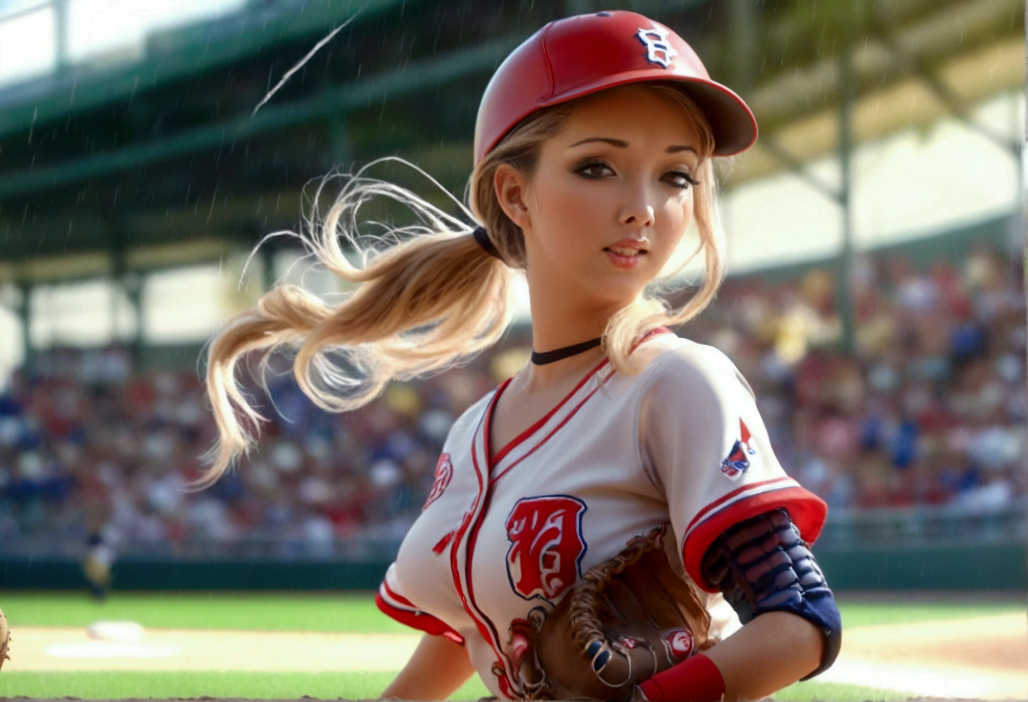 a cute woman in a sexy baseball uniform with her hair in a ponytail, sliding into 3rd base, entire body visible, camera angle low to the ground, highly detailed, photorealistic, 8k, best quality, masterpiece, ultra-detailed, sharp focus, physically-based rendering, extreme detail description, vivid colors, professional
