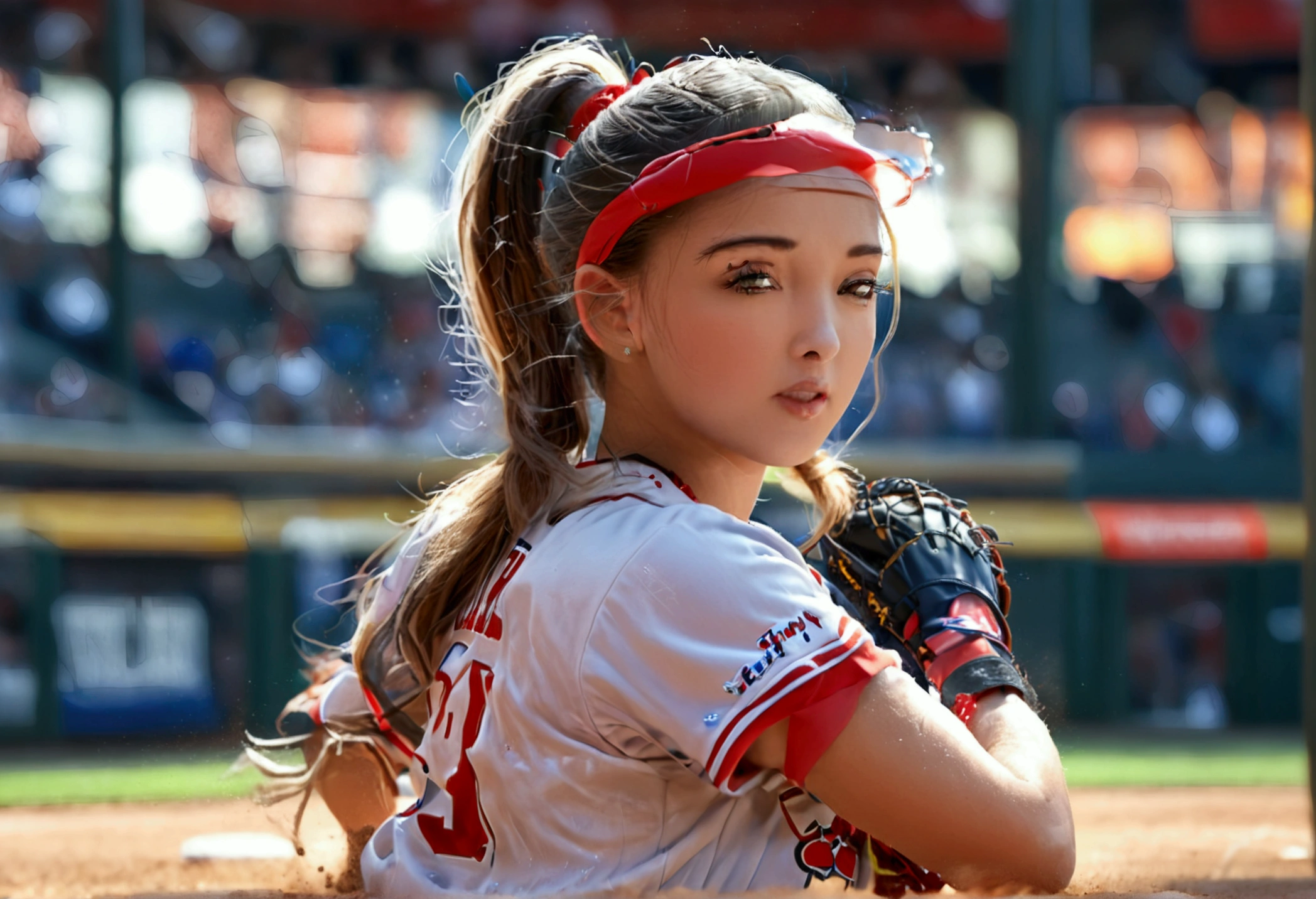 a cute woman in a sexy baseball uniform with her hair in a ponytail, sliding into 3rd base, entire body visible, camera angle low to the ground, highly detailed, photorealistic, 8k, best quality, masterpiece, ultra-detailed, sharp focus, physically-based rendering, extreme detail description, vivid colors, professional