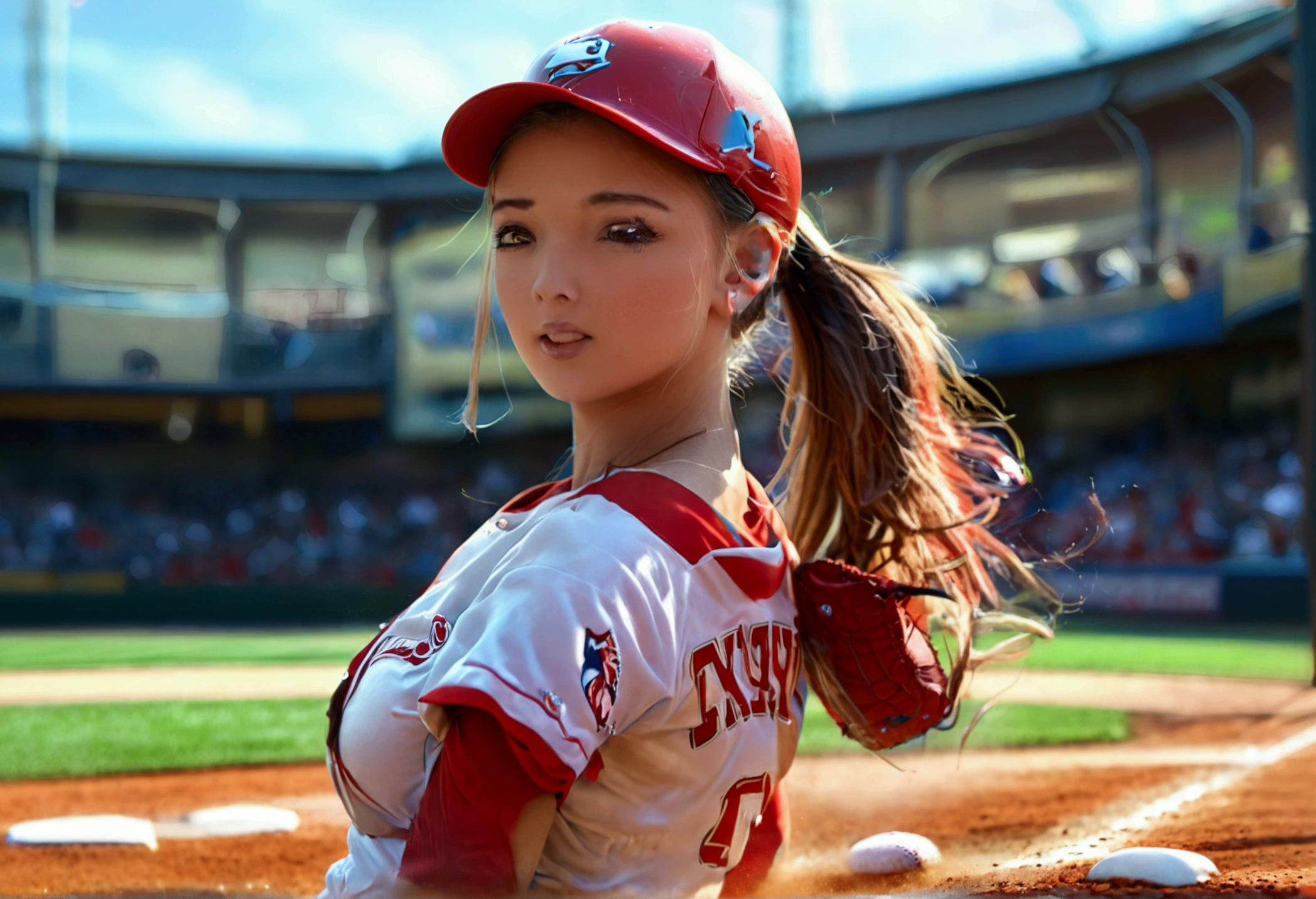 a cute woman in a sexy baseball uniform with her hair in a ponytail, sliding into 3rd base, entire body visible, camera angle low to the ground, highly detailed, photorealistic, 8k, best quality, masterpiece, ultra-detailed, sharp focus, physically-based rendering, extreme detail description, vivid colors, professional