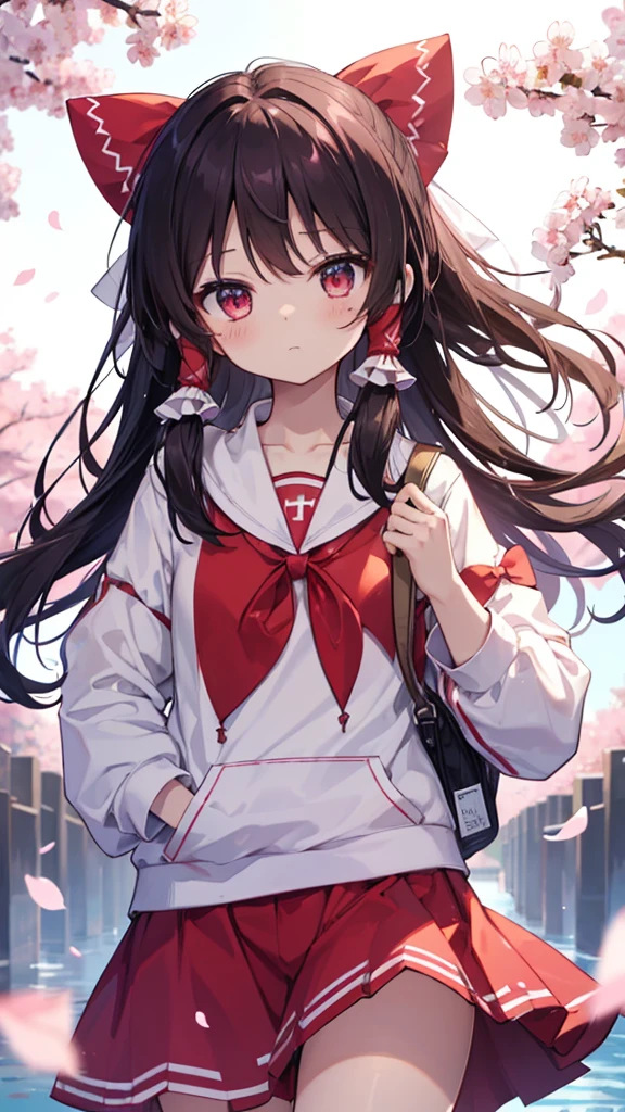 (Best image quality), Reimu Hakurei, Cherry Blossom, spring, sunset, hands back、ストリートキャップ、hoodie