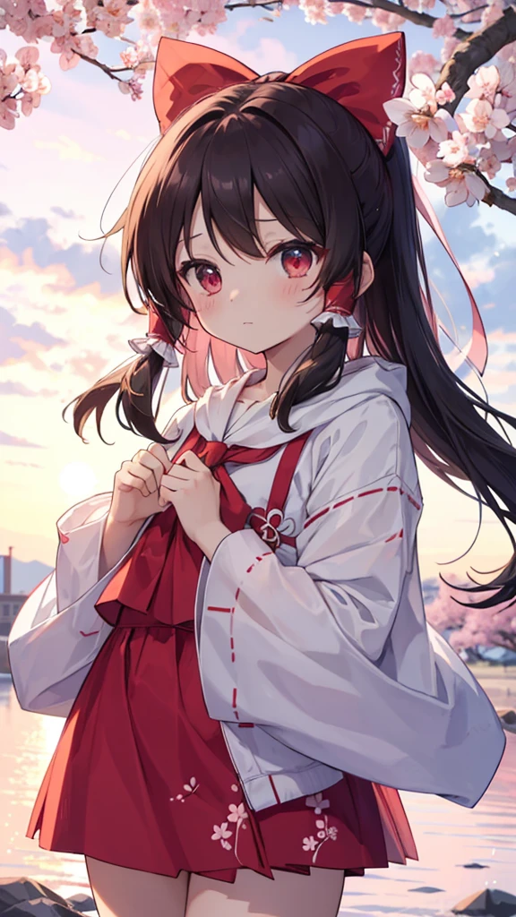 (Best image quality), Reimu Hakurei, Cherry Blossom, spring, sunset, hands back、ストリートキャップ、hoodie