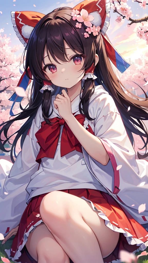 (Best image quality), Reimu Hakurei, Cherry Blossom, spring, sunset, hands back、ストリートキャップ、hoodie