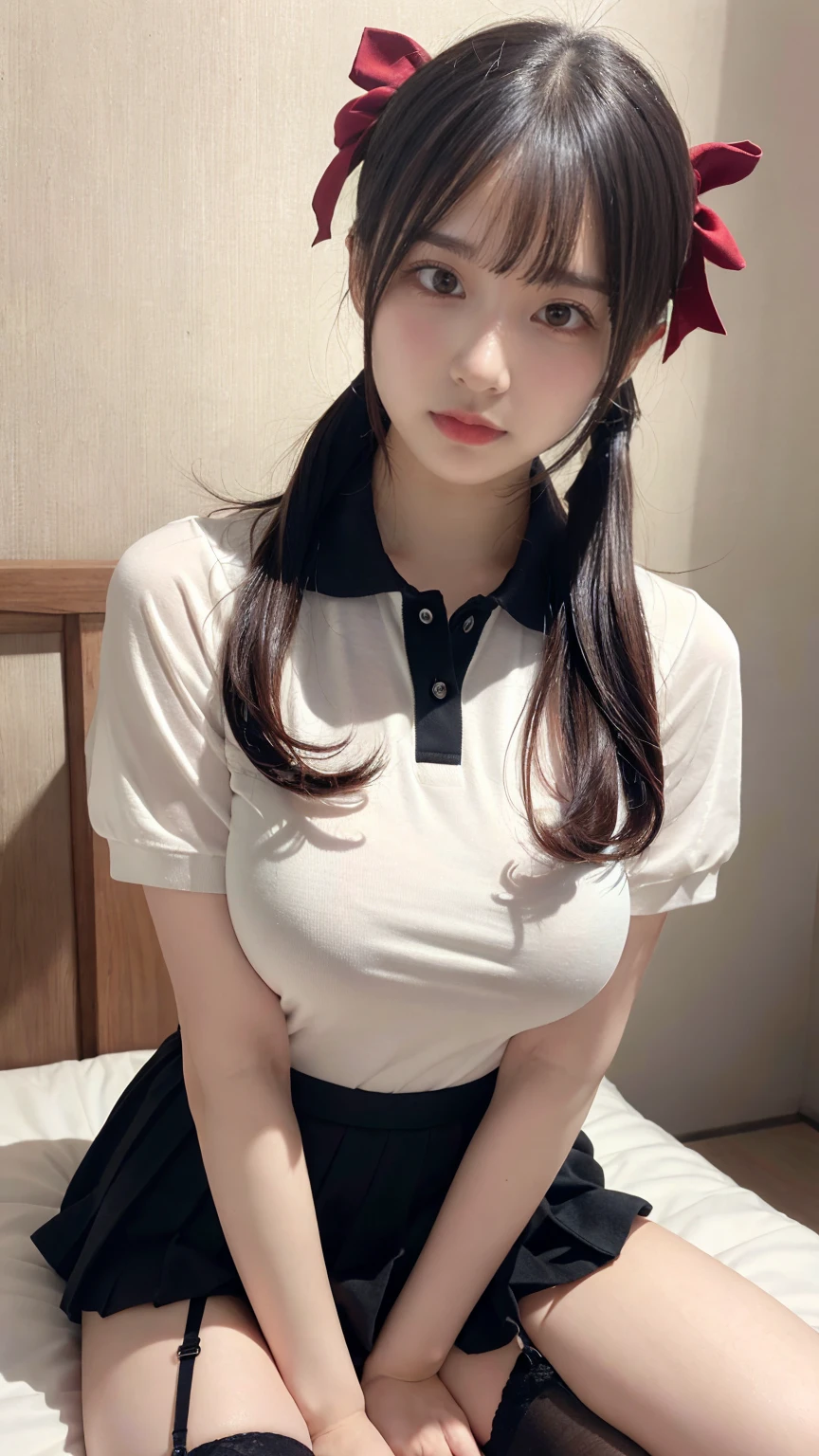 masterpiece, best quality, illustration, Super detailed, fine details, High resolution, 8K,wall paper, perfect dynamic composition,(Details High quality, realistic depiction of eyes:1.3), (Polo shirt with collar), pleated skirt, knee high socks, twintails, Lying down, black hair color, Big Natural Color Lip, bold sexy pose, (perfect body shape), crying a little、cold gaze, Harajuku style、20 year old girl、cute type、lolita、beautiful legs, hotel room, hposing Gravure Idol, Voluptuous thighs