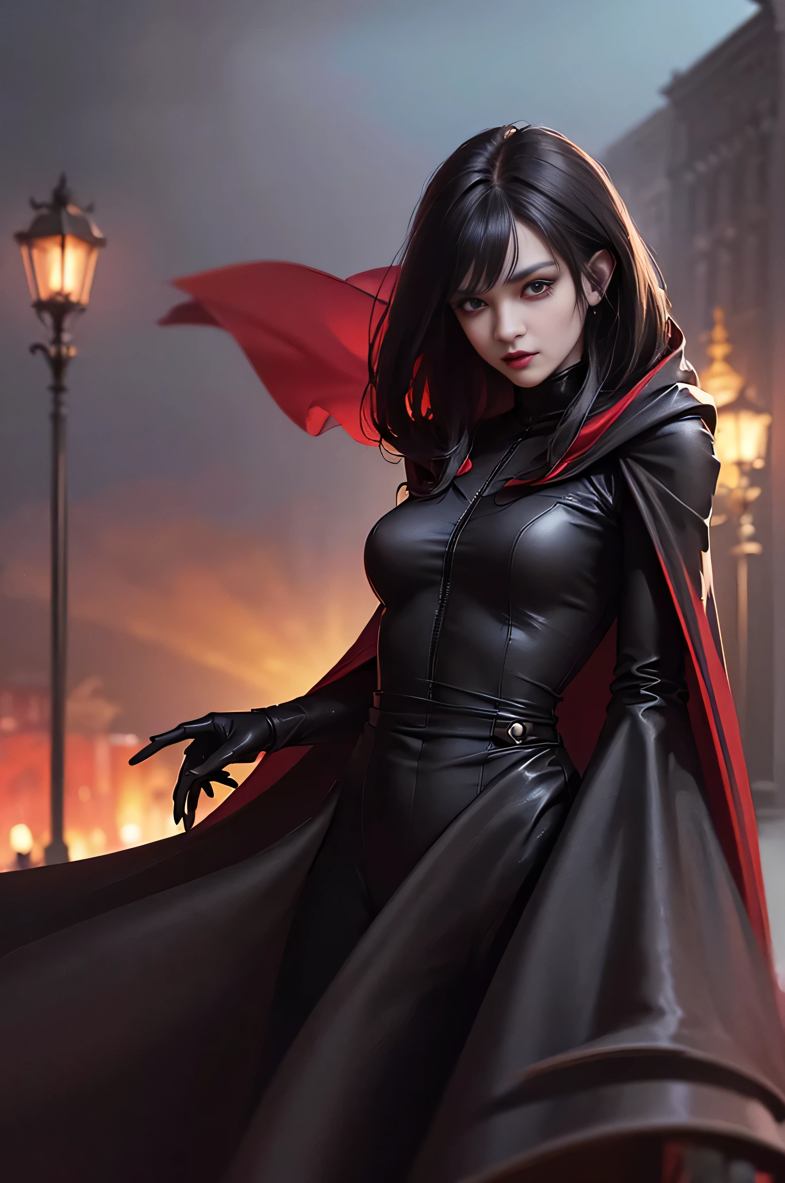 (skindentation:1.5), Realistic, Photorealistic, (masterpiece:1.5), concept art, intricate details, highly detailed, photorealistic, octane render, 8k, unreal engine, dynamic pose, best quality, highres, (realistic face:1.1), (hyperrealistic:1.1), (((full_body))), perfect eyes,(shiny skin:1.2), (((hairstyle))), (((perfect handtremely detailed background), ((dynamic background)), ((1girl)), (((wearing black jumpsuit, dark red long wizard cape))), ((detailed eyes, high quality eyes, high quality face)), (extremely intricate cape), long black hair, dramatic, depth of field, bokeh, 4k, (((underworld))), ((standing pose)), (((black magic witch))), (((fierce eyes)))