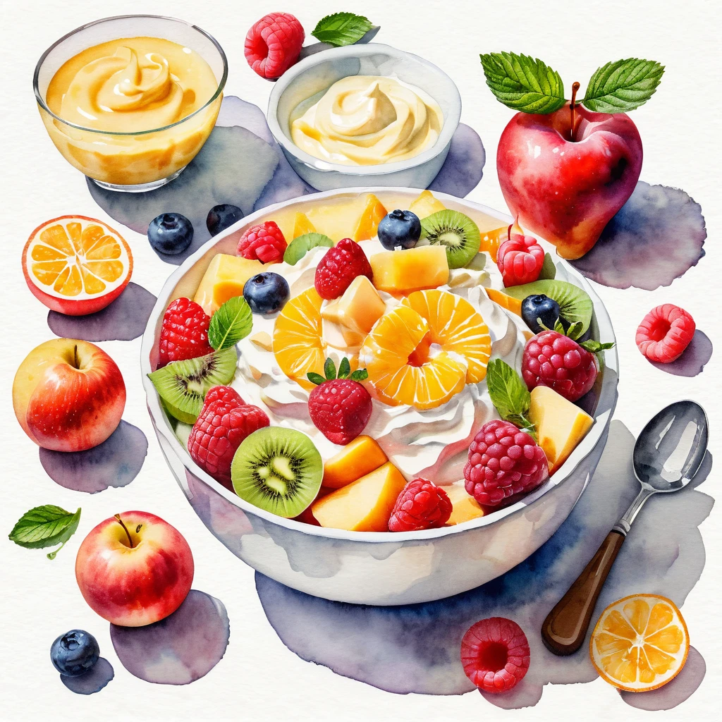 Drawing of a bowl of delicious fruit salad with mayonnaise and cream, ((watercolor)), White background, Center Configuration, Margins around objects, Faded colors, A masterpiece with attention to detail