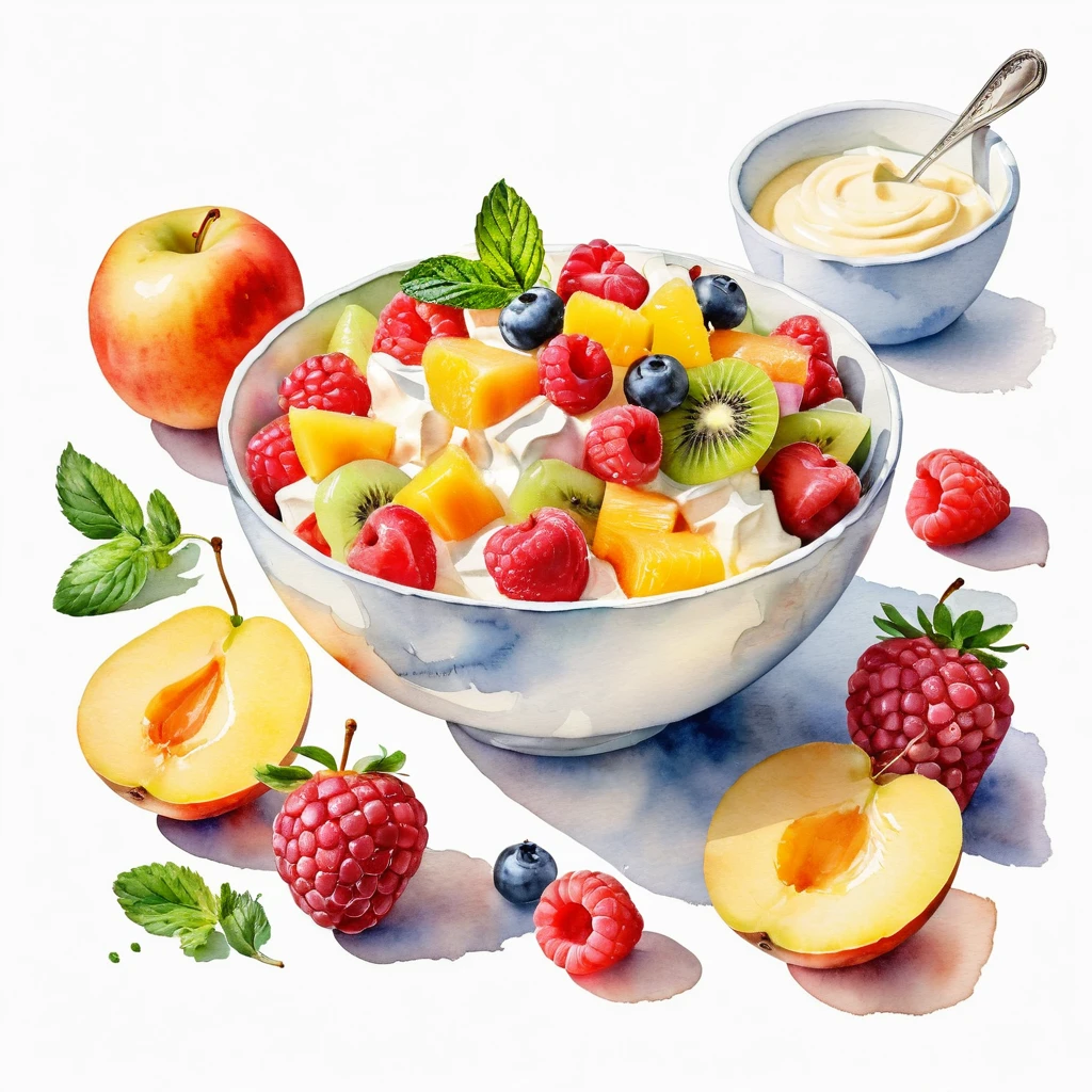 Drawing of a bowl of delicious fruit salad with mayonnaise and cream, ((watercolor)), White background, Center Configuration, Margins around objects, Faded colors, A masterpiece with attention to detail