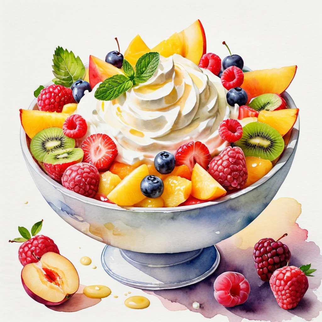 Drawing of a bowl of delicious fruit salad with mayonnaise and cream, ((watercolor)), White background, Center Configuration, Margins around objects, Faded colors, A masterpiece with attention to detail