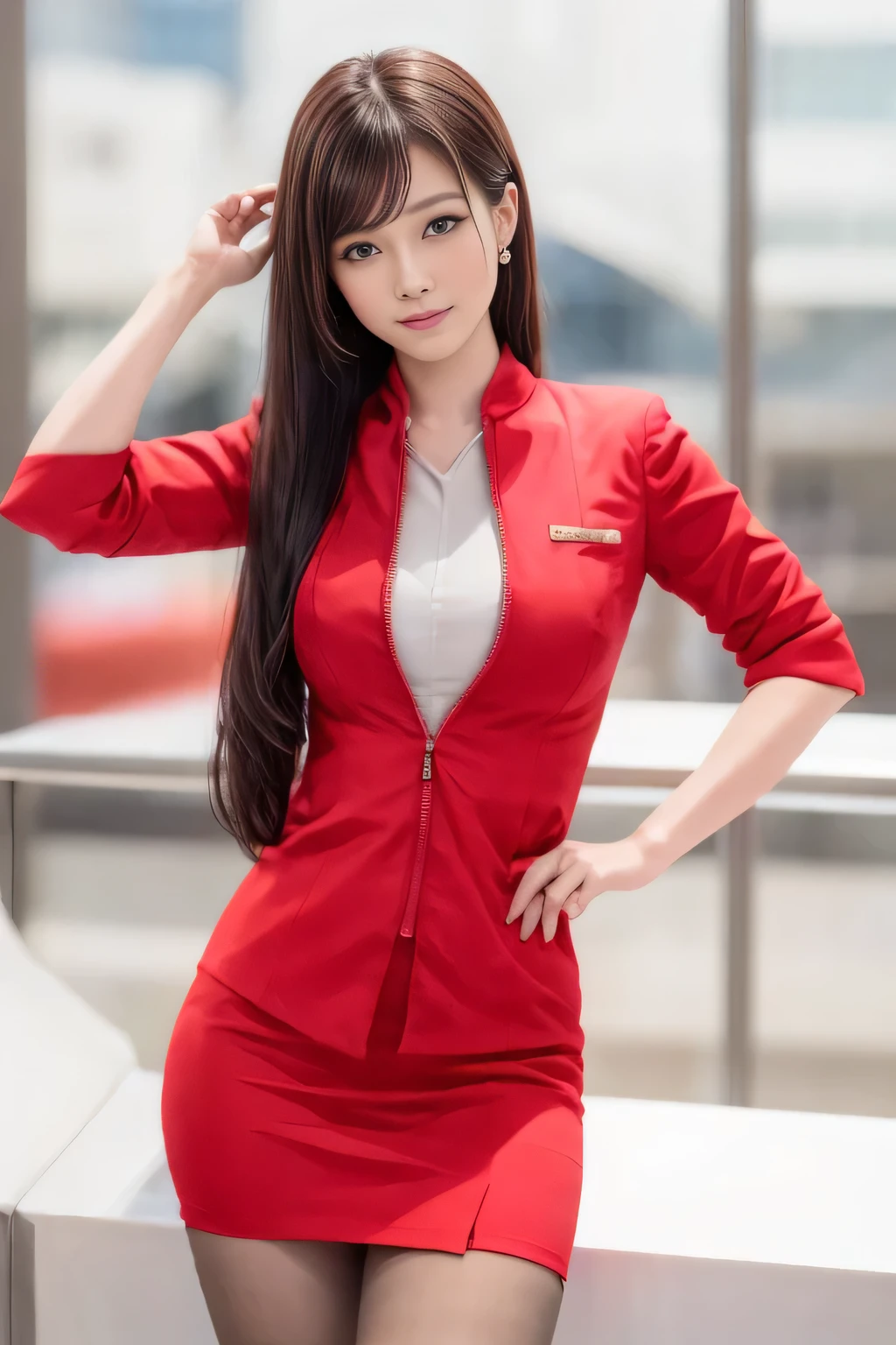 (masterpiece:1.2, Highest quality:1.2), 32k HDR, High resolution, (alone, 1 Girl), (AirAsia stewardess uniform realistic style), A proper woman, Beautiful Face, Brown Hair, (Long hair down to the legs), (Red jacket:1.1, Unzipped jacket, Unbuttoned white shirt:1.05, Red mini skirt:1.1, pantyhose),(Showing big through cleavage in unbuttoned white shirt)、(long hair that reaches down to the legs)、Perfect slim body:1.1, Huge breasts, huge breasts cleavage, Detailed skin texture, Beautiful Eyes, (Attractive look:1.2), necklace、Earrings、(forward leaning posture:1.5), On the roof of a building, Rooftop at daytime,blue eyes、Hands should be lowered