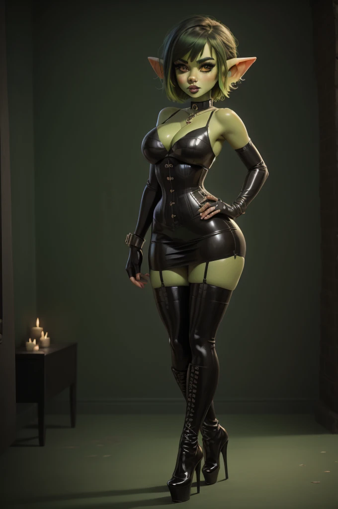 Goblin girl. green skin. very short hairstyle. choker. black pouty lips. big breasts , hourglass figure, goth, eyeshadow, eyeliner, thigh high boots, high heels, dominatrix outfit